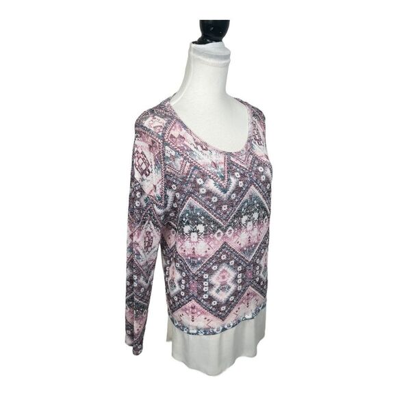 Kiara Multicolor Blouse Size L Chiffon Knit Overlay Aztec Print Long Sleeves Top - Picture 5 of 10